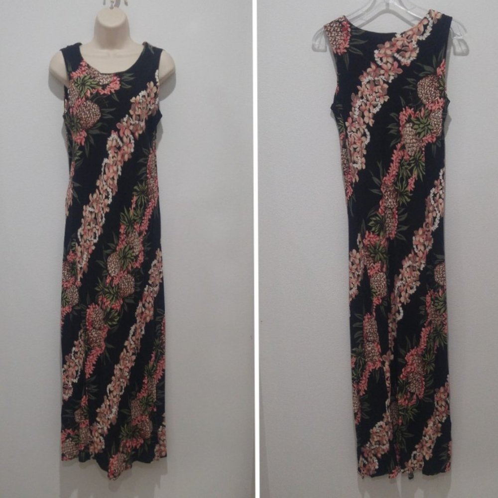 Hilo Hattie Hawaiian Dress Size Medium Long Pineapple Plumeria Lei Floral 3001